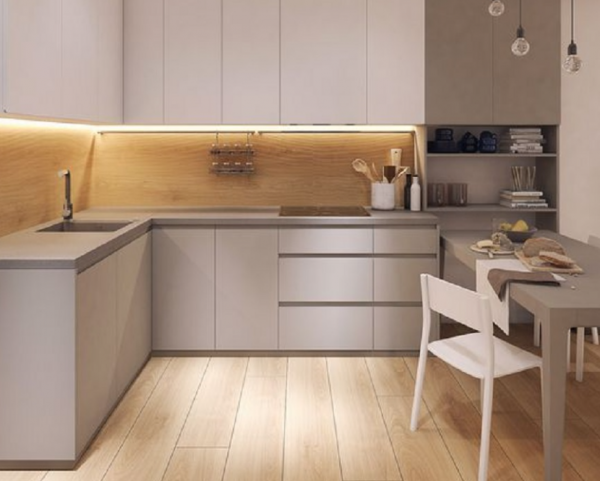 Kitchen set minimalis dengan warna bold sebagai aksen